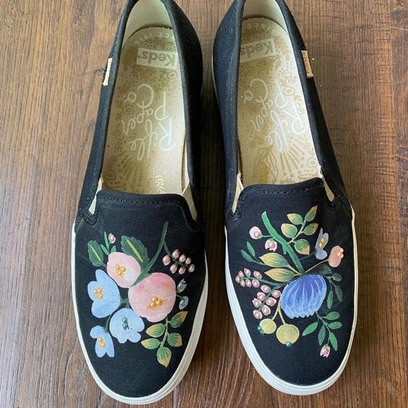 Rifle Paper Co. X Keds Floral Beaded Platform Slip On Black Sneakers SZ 6 - Picture 2 of 15